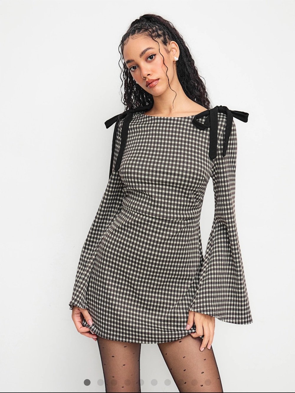 Cider Black and White Gingham Tie-Shoulder Mini Dress